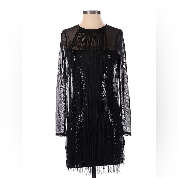 Express Womens Black Netted Long Sleeve Dress Fringe & Sequins Size 4 - Picture 1 of 10